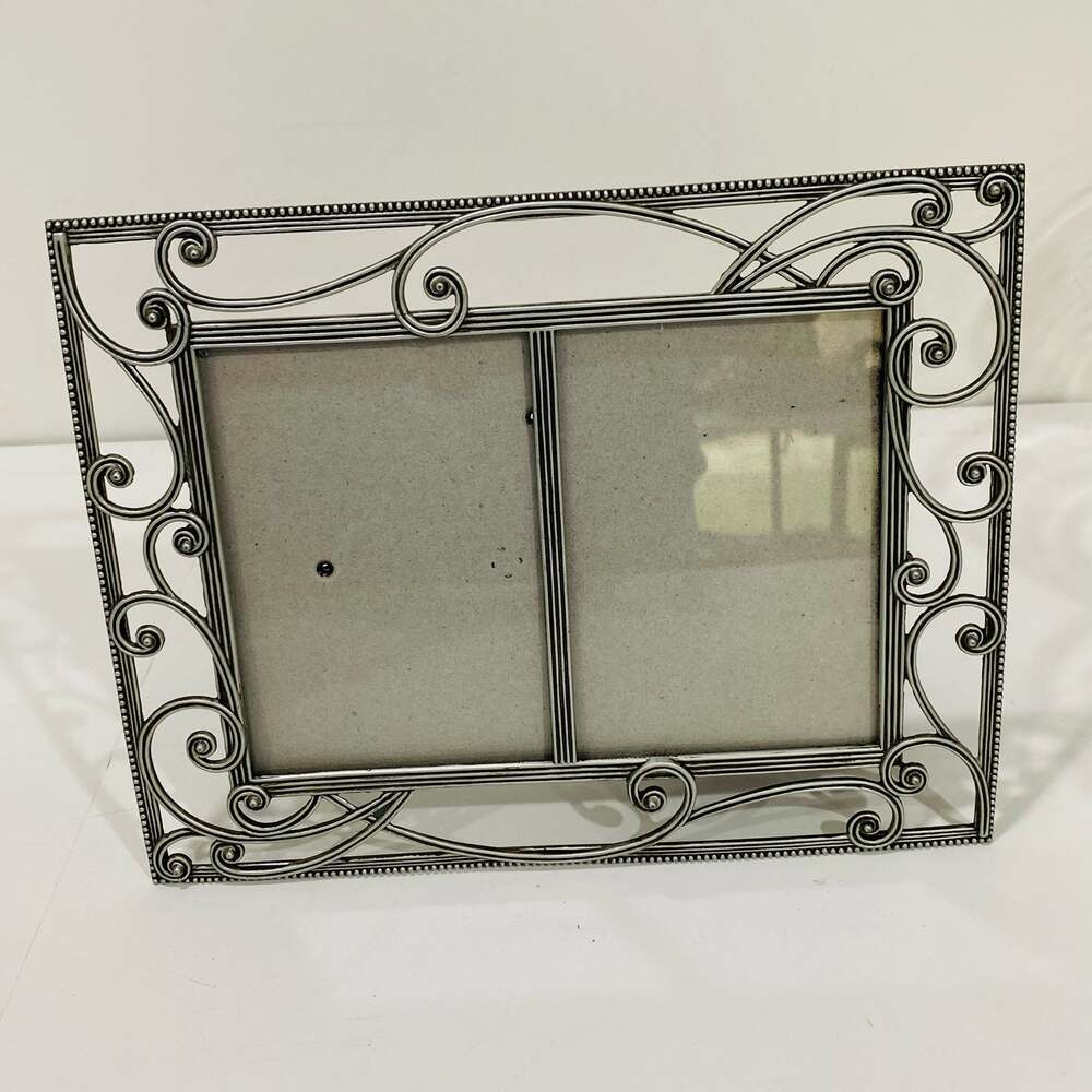 Burnes of Boston Silvertone Pewter Metal double picture frame Art Nouveau style
